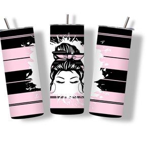 MESSY HAIR Girl Pink Black Plaid Stripes 20 oz Skinny Tumbler Stainless Steel